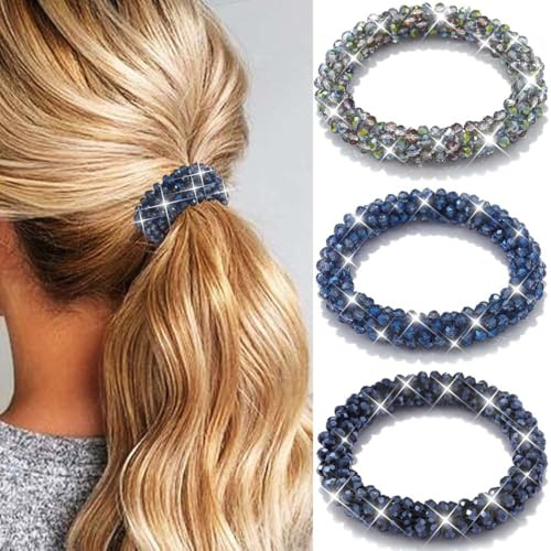 Reaky Lazos para el cabello con perlas, 3 unidades, coleteros con diamantes de imitación, bandas elásticas para el cabello, accesorios para el cabello para mujeres (azul, verde, azul oscuro)