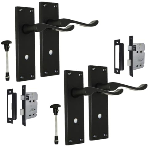 Epsom Door Handle Victorian Style Matt Black Bathroom Door Handle Sets – Includes Privacy Turn & 3 Lever Sash Lock – Lever on Backplate 150mm x 42mm – 2 Sets