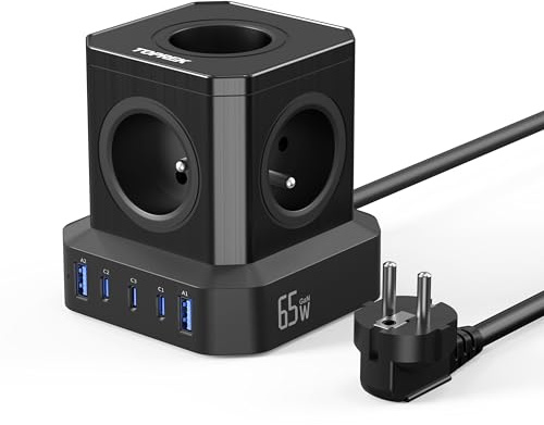 TOPREK 65W PD3.0 Cube Multiprise avec 5 Prises AC Française et 5 USB | 2M Câble, 10 en 1 Cube Rallonge Multiprise avec Interrupteur, 65W 5 Ports USB Charge Rapide GaN Tech Électrique(4000W/16A)