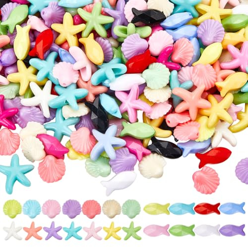 SUNNYCLUE 300 Stück 3 Stile Acrylperlen Mit Strandmotiv Kleine Fischförmige Perlen Undurchsichtig Verschiedene Bunte Seesterne Muscheln Meerestiere Sommer Abstandshalter Lose Perlen Für Die Schmuckher