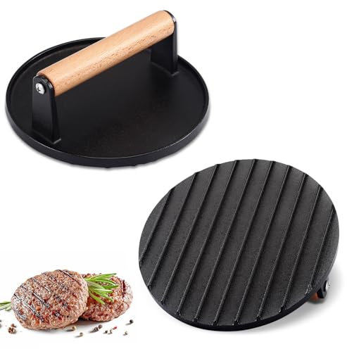 Burger Smasher Pesador de carne de hierro fundido 1 kg Prensa para hamburguesas grande redonda con mango de madera resistente al calor Prensa para parrilla Prensa para hamburguesas Filetes Salchichas
