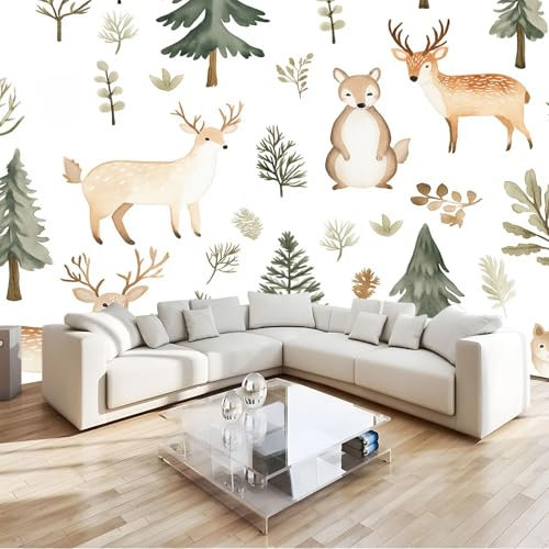 Fotomurali Stile Acquerello Animali Del Bosco Alberi Fotomurale 3D Tessuto Non Tessuto Poster Design Bianco Carta da Parati Per Decorazione Murale 400 x 280 cm Per Soggiorno Camera da Letto Murale
