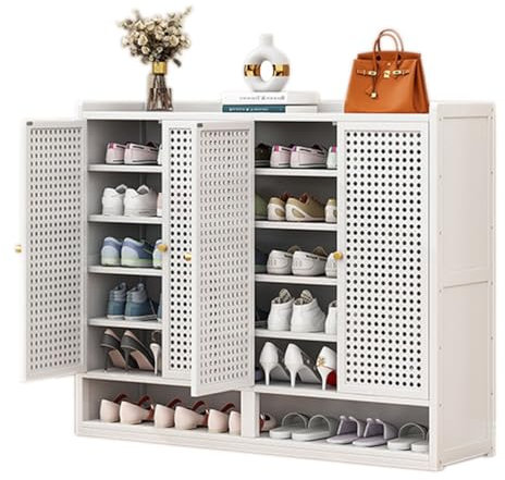 Bambus-Schuhschrank mit Türen, mehrstufiger Schuhschrank für Flur & Wohnzimmer, Stores 24 36 Paar Schuhe, 120 x 32 x 94 cm