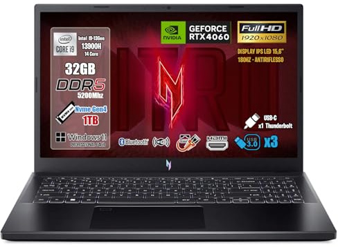 Acer Notebook Gaming Nitro V 15, Intel Core i9-13900H, 32 Go DDR5 RAM, 1 To SSD, écran 15,6 FullHD IPS 180Hz, NVIDIA GeForce RTX 4060 8 Go GDDR6, Wi-Fi 6, Thunderbolt 4