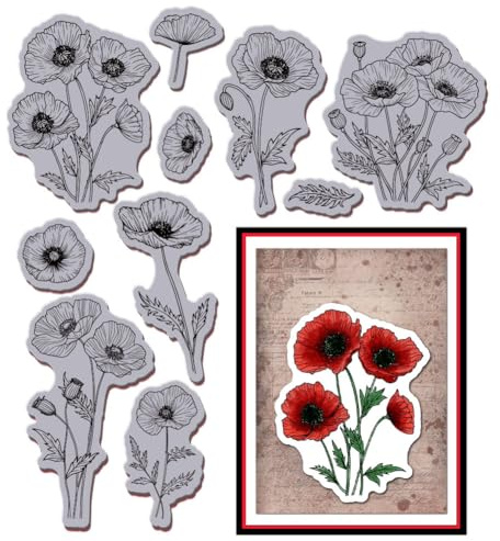GLOBLELAND Mohnblumen Cling Stamps 22x18 cm Frühling Blumen Haftstempel Pflanze EVA Gummi Stempel Für Die Kartengestaltung Fotoalbum Papierbasteldekor DIY Scrapbooking