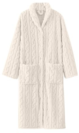 Bata larga de felpa para mujer, bata de baño de forro polar grueso jacquard con botones y bolsillos, acogedora y suave, para invierno, otoño, descanso, spa, cómoda ropa para el hogar, blanco, L