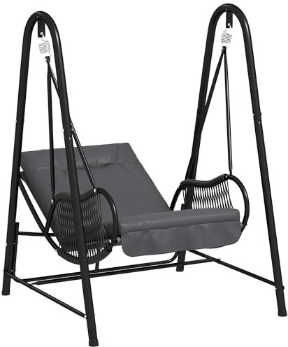 Outsunny Rattan Swing Chair, Outdoor Garden Hanging Swing Seat with Stand and Seat Cushion, Porch Hanging Chair for Balcony, Garden, Deck, Dark Grey