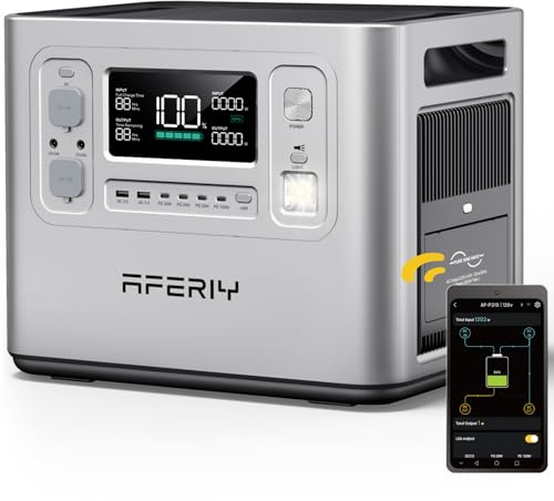 AFERIY 2400W Estacion de Energia Portatil, 2048Wh LiFePO4 Batería, (Envío en 3 días) 1,5H de Carga Rápida, 13 Conexiones, UPS, APP, Fuente de Alimentación Móvil para Camping al Aire Libre Plata