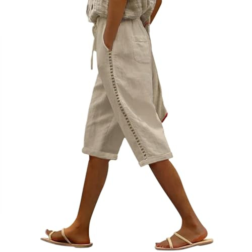 Puimentiua Women Linen Shorts Casual Knee Length Bermuda Shorts with Hollow Side Summer Beach Lightweight Capri Pants Khaki