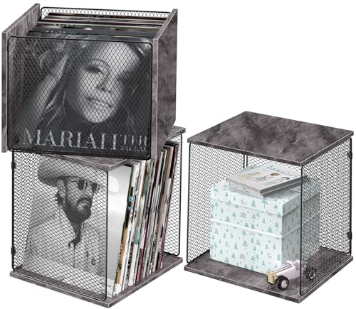 ELITEROO Vinyl Record Holder, Stackable Vinyl Record Storage Box, Wood Cube Organizer Book Crate Bin for Magazine, Files, Albums, Toys, Rustic Grey