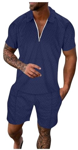 Completo Uomo Sportivo 2 Pezzi- Tuta Uomo Sportiva Camicie Hawaii Maniche Corte Cerniera T-Shirt E Pantaloncini Estiva 2 Pezzi Set Tuta Estiva Uomo Streetwear Completo Palestra Jogging Training Outfit