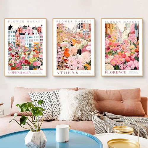 3 Pcs Flower Market Poster Set, Vintage Abstrakte Rosa Blumen Stadtbild Bilder, Wandbilder Wohnzimmer Deko Schlafzimmer, Wanddeko Leinwand Kunstdruck Aesthetic Bilder, Ohne Rahmen (50x70cm,ABC)