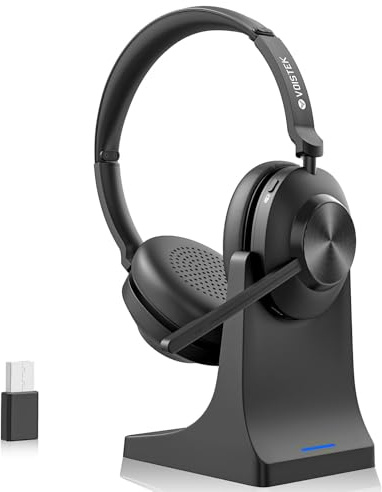 Wireless Headset with Mic for Work, Wireless Computer Headset (Bluetooth+USB Dongle) with Noise Cancelling Mic & Mute Button, Long Battery Life for Work, Zoom, Teams, Online Meetings, Home Office
