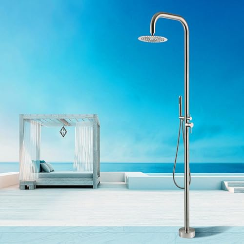 Doccia Esterna Indipendente, Doccia Esterna con soffione a Pioggia, spruzzatore Portatile, Colonna Doccia da Giardino, Doccia a Bordo Piscina, Argento