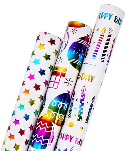 Geschenkpapier für Geburtstage - 3-Rollen-Pack, geeignet für Geburtstagsgeschenke für Jungen und Mädchen, Abschlussgeschenke und festliche Präsente