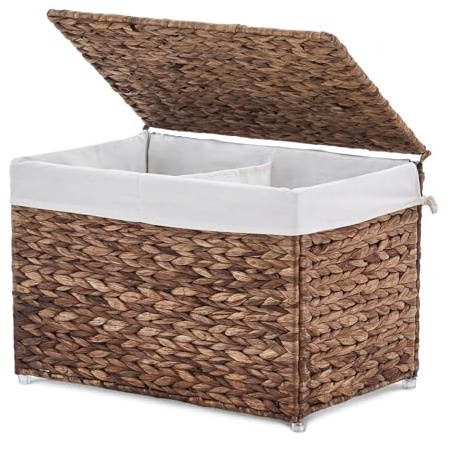 LGENHOOM Storage Basket with Lid, Woven Wicker Shelf Basket with Removable Liner, Metal Frame Rattan Storage Trunk with Handle for Laundry, Bedroom, Living Room, Office (Espresso, 65L)