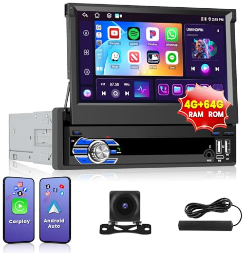 Inefala 4G+64G Android 15 Autoradio 1 DIN con Wireless CarPlay Android Auto, 7 Pulgadas Pantalla Retractil Radio Coche Bluetooth con DSP GPS WiFi Radio Am/FM/RDS UAB-A&C SWC Mic Cámara Trasera