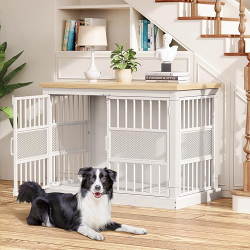 Hundekäfig Möbel, 104 cm Großer Hundebox für den Hausgebrauch, Modernes Indoor Holz-Hundekäfig, Doppel-Tür-Design, Bissfest, Geeignet für Kleine/Mittelgroße/Große Hunde, Weiß, 104x51x78 cm