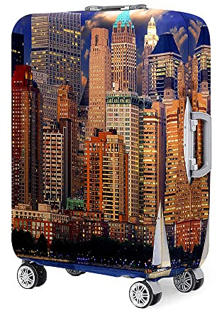 Fasbuy Kofferschutzhülle, 3D Stadtlandschaft Kofferhülle, Elastisch Luggage Cover, Kofferüberzug Schutzhülle, Suitcase Cover, Kofferschutz, 18-32 Zoll (Nachtstadt,M)