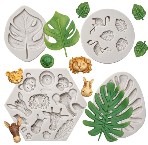 Stampi per fondente a forma di animali della giungla, in silicone, motivo: foglie tropicali | Foglie tropicali, fenicottero, per decorazioni per torte, cupcake, argilla polimerica e resina