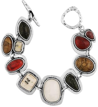 MINACHI Bohemian Silver Chunky Bracelet with Multi-Color Accents, Vintage Hippie Style Women’s Jewelry