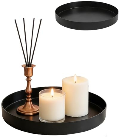 2 Stück Deko Tablett Rund Schwarz Metall, Größen 20 cm und 25 cm, Dekoteller Serviertablett, Anti Rutsch, für Bad Schmuck Buffet Kosmetik Dessert Kerzen (Schwarz)