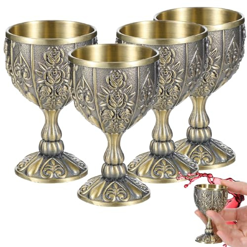 Ntwoiee 4 Pcs Handmade Goblet Chalice, Vintage Engraving Wine Liqueur Cup, Vintage Chalice Medieval Goblet Wine Glass Cups, Sturdy Drinking Vessel Glasses for Weddings Home Decor Blessings