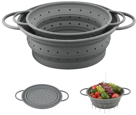 HMCEY 2 Pièces Passoire Pliable Silicone 2 Tailles,Passoire Cuisine Pliable Avec Poignée,Egouttoir Pates Evier,Strainer,Ustensiles de Cuisine pour Égoutter pour Légumes, Fruits, Légumineuses - Gris