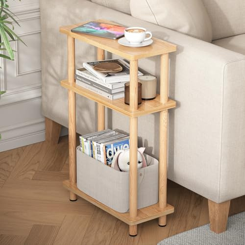 YOUDENOVA Mesa Auxiliar Sofa Estrecha, Mesa Auxiliar de 3 Niveles, Mesita Auxiliar Salon de Estar con Almacenamiento, Ideal para Sala de Estar, balcón, Dormitorio y Estudio, Madera Original
