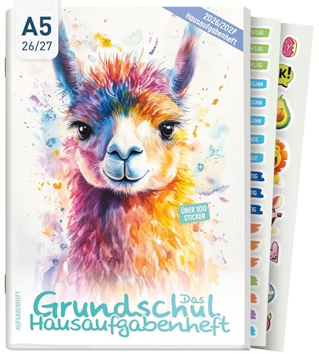 Häfft® Hausaufgabenheft Grundschule 2026 2027 A5 mit Datum Lama | mit Pädagogen entwickeltes Grundschul-Hausaufgabenheft inkl. Lerntipps, Sticker, Mitteilungsfelder & mehr