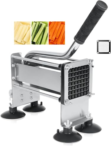 Professional Chip Cutter, Heavy Duty Potato Chipper Cutter, Stainless Steel, No-Slip Suction Base, Extended Handle, Easy to Use, Fast Cutting, Manual French Fry Cutter for Carrot Cucumber Onion