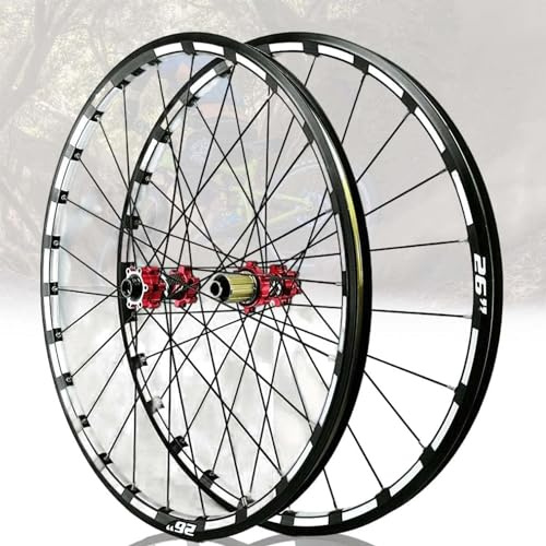 KUNYOS Thru Axle Bicycle Wheelset 26'' 27.5'' 29'' Mountain Bike Front Wheel Rear Wheelset Double Layer Disc Brake 24-Bolt Straight-Pull Hub for 7-12 Speed,Red,26inch