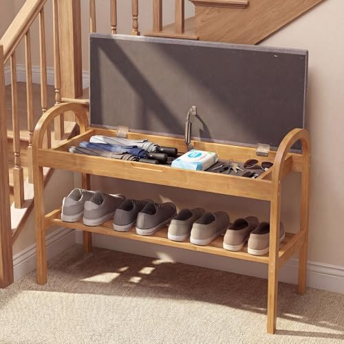 SOARS Banc à Chaussures pour Entrée de Rangement avec Coffre, Banc Étagère à Chaussures en Bambou avec Coussin Rembourré 2 Niveaux, pour Couloir, Chambre, Salon, 70 x 30 x 51 cm