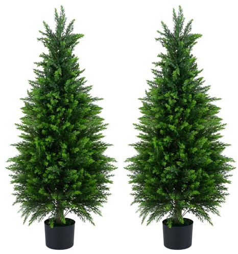 COSTWAY Set med 2 konstgjorda växter cederträ 120 cm, konstgjord växt cederträd, konstträd med kruka, gröna växter med PE-stam och blad, deskalllans, krukväxt, cypresväxt för hem, kontor, grön