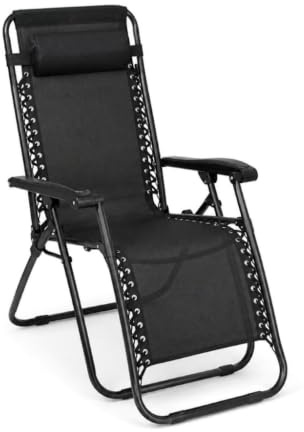 Zero Gravity Folding Sun Lounger Chair – Reclining Garden Lounge Chair with Headrest, Foldable Outdoor Relaxer, Patio, Camping, Beach, Balcony, Weather Resistant Steel Frame