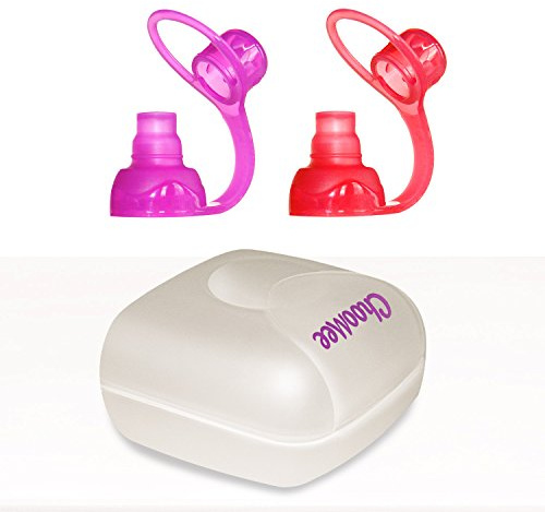 ChooMee SoftSip Silikon-Saugaufsatz + Weiße Reisebox | Auslaufsicherer Baby-Nahrungsaufsatz | Zahnfleischschutz | BPA-frei | Wiederverwendbarer Fütterungsaufsatz | 2 Stück Rot Lila