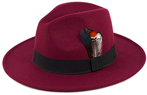 FADACHY Klassiska Fedora-hattar för män och kvinnor brett brätte filt hatt panama-klänning Fedora hatt, A-vinröd, M-L