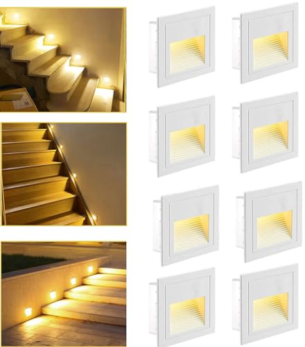3W Applique Encastré Murale, IP65 étanche Lumières d'escalier Carré, Blanc chaud Aluminium Applique avec Boîte Encastrée, 230V Eclairage Mural alu escalier encastrable marchepied,Lot de 8,Blanc