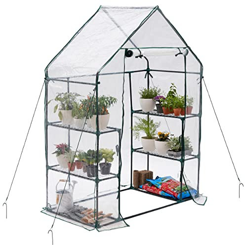 Bramble - Walk In Plastic Greenhouse, 6 Tier Shelves with Easy No Tool Assembly Frames and Clear PVC Covers for Small Garden Growing Plants - H195cm x W143cm x D73cm