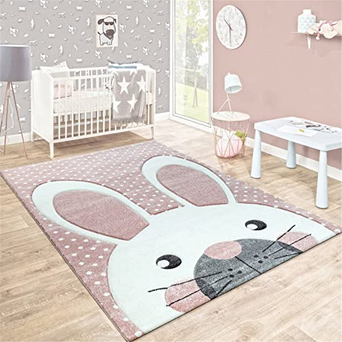 Teppiche Kinderzimmer Babymatte Groß Kinderteppiche Flauschige Schutzmatten Waschbare Matten Kindermatte fürs Babyzimmer Kleinkinderzimmer (Rosa gepunktetes Kaninchen,120 * 160cm)