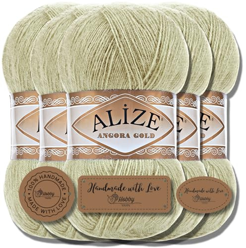 Hobby YARN 3x Etikettenlabel mit Alize Angora Gold Wolle Premium 5x100g als Set, Yarn, Garn, Dünne Mohair aus Schurwolle, Uni, Einfarbig, Strickgarn (Pastel Green |267)