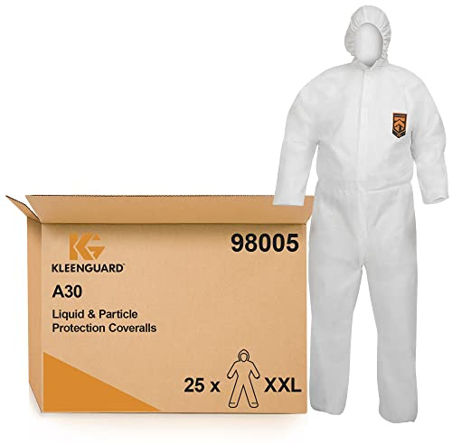 KleenGuard A30 flüssigkeitsdichter und partikeldichter Schutzanzug 98005 – weiß, 2XL, 1x25 (insgesamt 25 Stück)