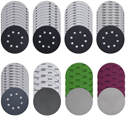Tendak 65 Stück Schleifpapier 125mm Klett 60/80/400/1000/1500/2000/3000/5000 Körnung Schleifscheiben Set für 8 Loch Exzenterschleifer (8 Loch + Ohne Loch)