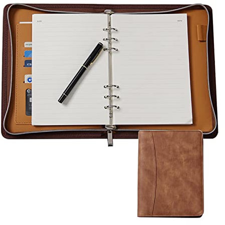 Schreibmappe A5 Konferenzmappe PU Leder Dokumentenmappe Mit Reißverschluss Geschäfts Ringbuch Mit Notizblock Und Stifthalter Für Damen Herren (Color : Brown)