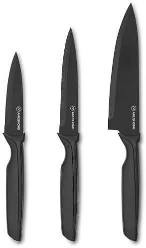 Professional Kitchen Knife Set for Cooking, 3pcs Stainless Steel Blade Sharp Kitchen Knives Set with Ergonomic Handle, Chef Knife, Utility & Paring with Non Stick Coating & Dishwasher Safe, Black
