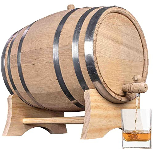 1 Gallon Oak Aging Barrel (Distillery Series - Steel Hoops, Unvarnished) with Wood Stand, Bung and Spigot - 5 Liter Charred Oak Bourbon Whiskey Barrels For The Home Brewer, Distiller, Wine Maker