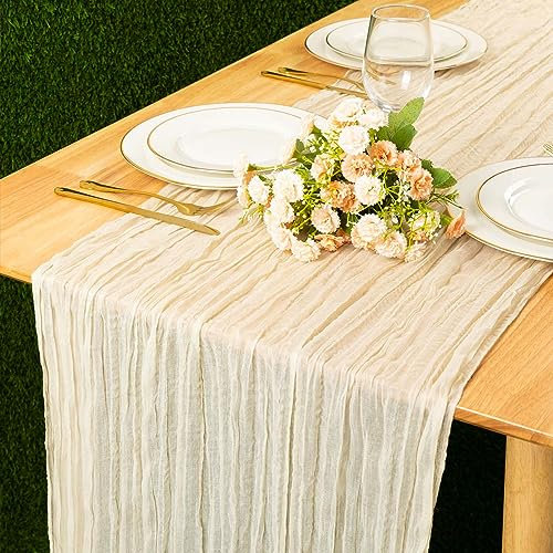 Kesfey 13FT Beige Cheesecloth Table Runner 90x400cm Long Boho Rustic Gauze Table Runners Cheese Cloth for Wedding Party Bridal Baby Shower Birthday Dinner Table Holiday Decorations