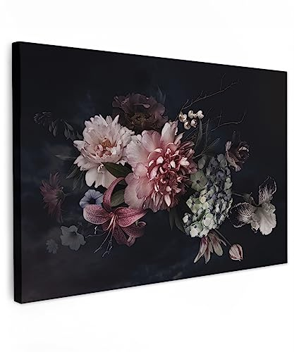 MuchoWow© Bilder Groß XXL Wohnzimmer Deko Modern Wandbild Foto auf Leinwand | 120x80 cm - Bild Schlafzimmer Room Decor Geschenke Blumen - Vintage - Pastell - Schwarz - Rosa - Blumenstrauß