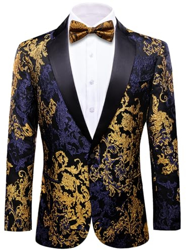Barry.Wang Men's Tuxedo Blazer Luxury Paisley Embroidery Casual Jacket Lapel One Button Wedding Business Coat Blue Gold S-3XL