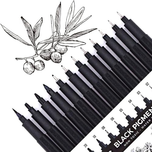 YISAN Micro 70337 Zeichenstifte, Kunst-Fineliner, Tintenstifte, Set mit 12 technischen Zeichenstiften, Manga-Markern für Skizziertechnik, Schwarz